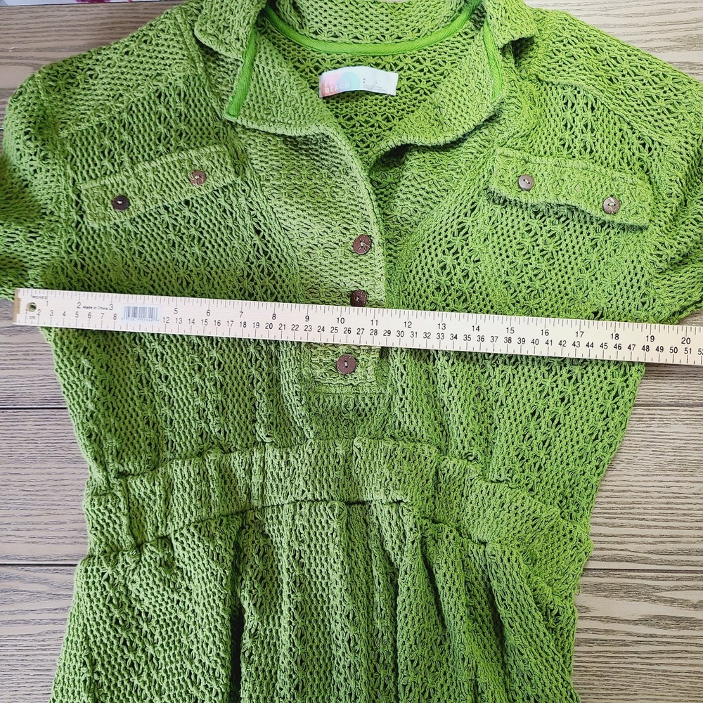 Free People Beach Romper Green Open Knit Button Front 3/4 Sleeve Stretch S Boho‎ - Picture 9 of 11
